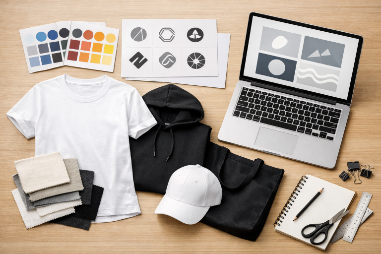 Brand kit materials for launching merch with logo files, colors, fabric samples, and apparel mockups