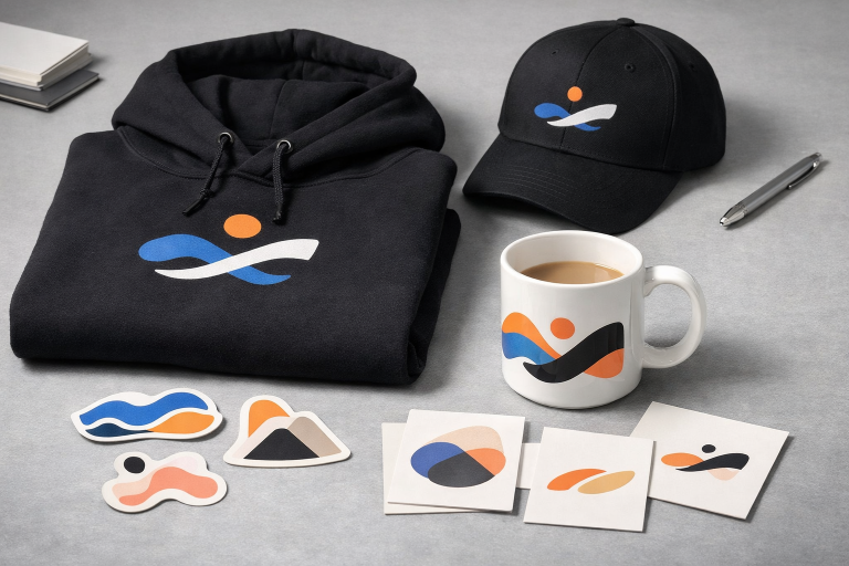 Creator merch collection with wearable hoodie, cap, stickers, mug, and simple design planning materials