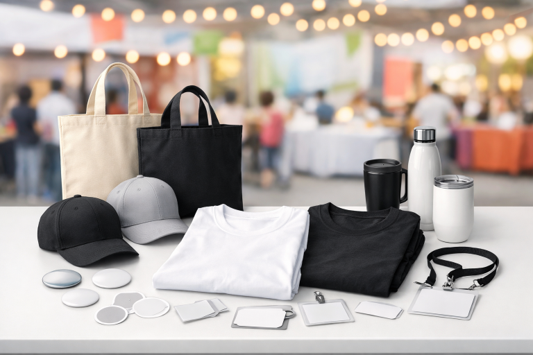 Event merch collection with shirts, hats, totes, drinkware, and stickers arranged for post-event visibility