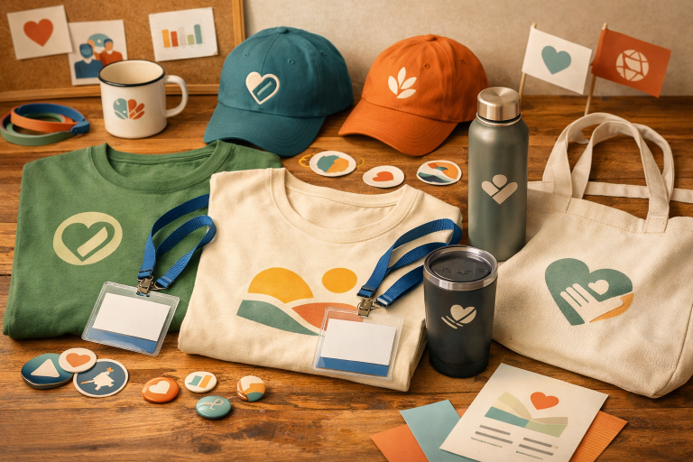 Nonprofit supporter merch with shirts, totes, hats, stickers, and drinkware arranged for a community cause
