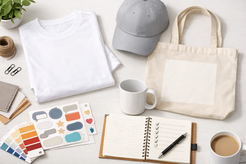 Useful branded products including a shirt, cap, tote, mug, and sticker arranged for small business merch planning